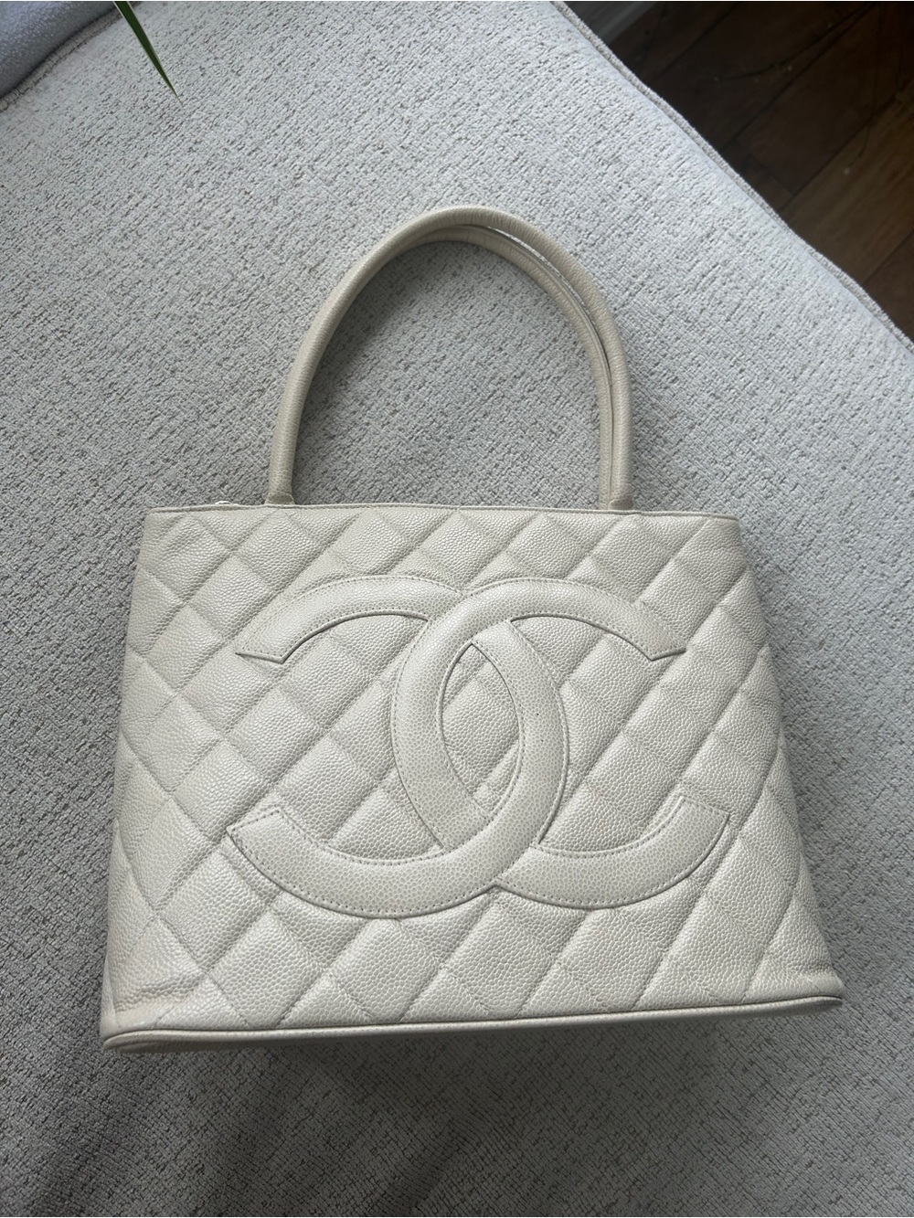 CHANEL Cream Quilted Caviar Leather Top-Handle Tote